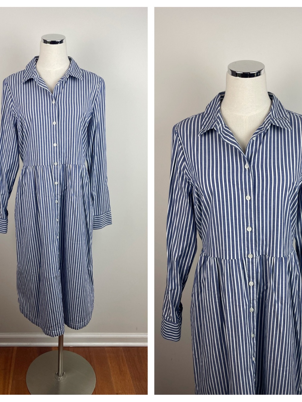 J. Crew Blue White Stripe Collared Long Sleeve Long Dress Women Medium